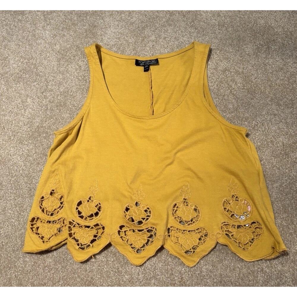 Top Shop Mustard Yellow Crop Top With Shape Cut Outs On Bottom And Slit On Back